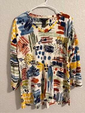 Ali Miles Multicolor Abstract Brushstroke V-Neck 3/4 Sleeve Top